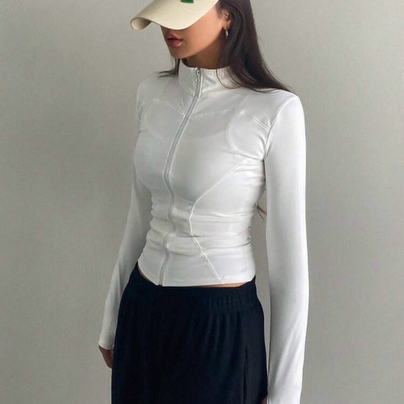 White Elastic Mock Neck Fitted Long Sleeve Zip Up Jacket Women’s - Picture 4 of 8